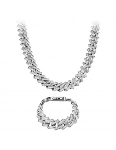 SET : CHAINE ET BRACELET BAGUETTE PRONG 18MM OR BLANC Venez acheter