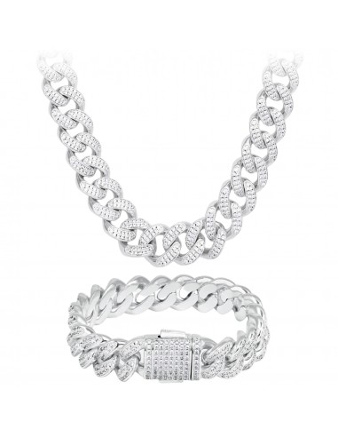 SET : CHAINE ET BRACELET ICED CUBAN 12MM OR BLANC meilleur choix