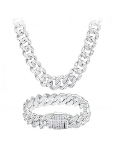 SET : CHAINE ET BRACELET ICED CUBAN 12MM OR BLANC pas cher